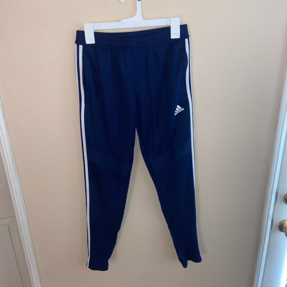 blue Adidas classic white striped track pants gym joggers soccer style sweats